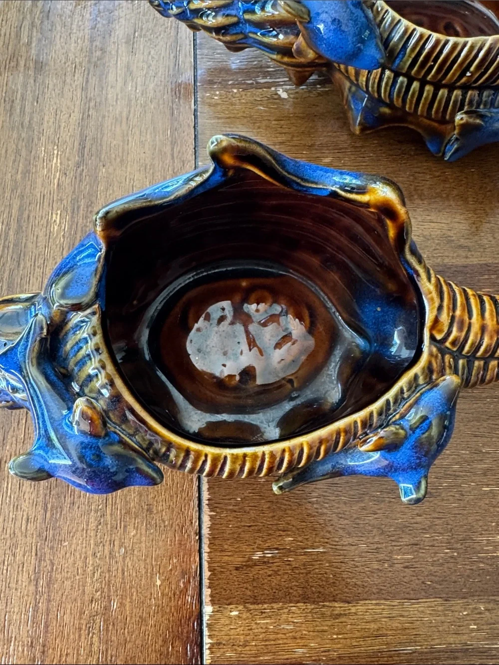 Vtg Blue Glazed Ceramic Pottery Conch Shell With Dolphins In Surf Planter set  2